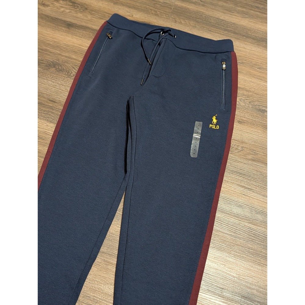 Polo Ralph Lauren Mens Navy Blue Burgundy Stripe Double Knit Jogger Pants M NEW